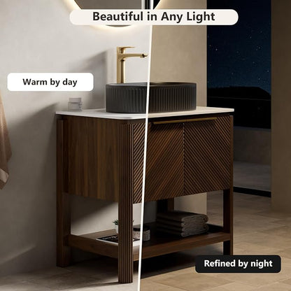 Yayzy 30 Inch Bathroom Vanity with Sink, Freestanding Dark Walnut Bathroom Cabinet, Matte Black Oval Vessel Sink, Carrara White Sintered Stone Countertop, Soft Close Doors, Open Storage Shelf