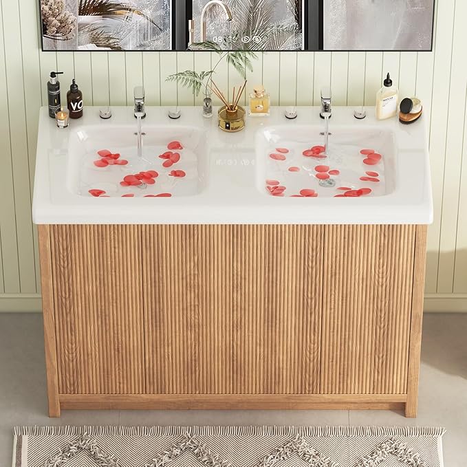 Bathroom Vanity with Double Sink 48 Inch, Modern Thickened Wood Bathroom Storage Cabinet, Freestanding Storage Bathroom Vanity with 4 Doors, Nature Wood