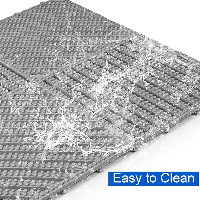 Modular Interlocking Cushion 12 Pack 11.8" x 11.8" Rubber Floor Tiles Non-Slip Splicing Drainage Mats for Deck, Pool, Shower, Patio, Balcony, Bathroom, Kitchen, Yard (2 Rows Dots, Gray)