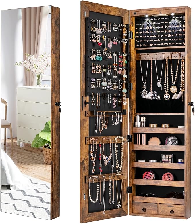COSTWAY Wall Mounted Jewelry Armoire with Full Length Mirror & 2 LED Lights, Large Capacity, Lockable Mirror Jewelry Cabinet for Women Girls (Rustic Brown)