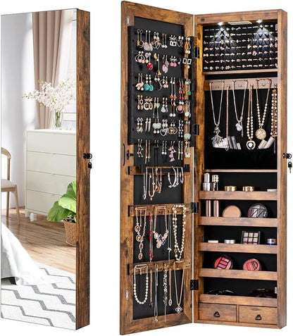 COSTWAY Wall Mounted Jewelry Armoire with Full Length Mirror & 2 LED Lights, Large Capacity, Lockable Mirror Jewelry Cabinet for Women Girls (Rustic Brown)