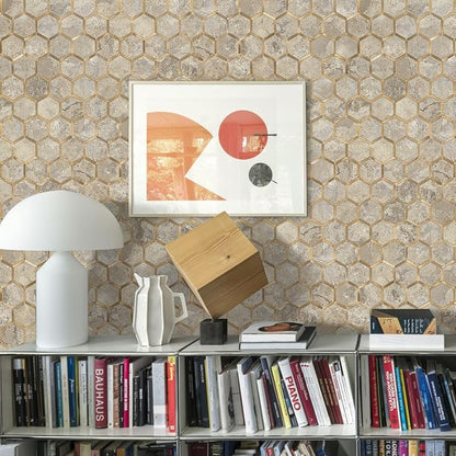 STICKGOO Hexagon Peel and Stick Backsplash Tile, Stick on Backsplash for Kitchen and Bathroom, Stone Beige PVC Mixed Metal Gold Self Adhesive Wall Tiles(10 Sheets, Seamless)