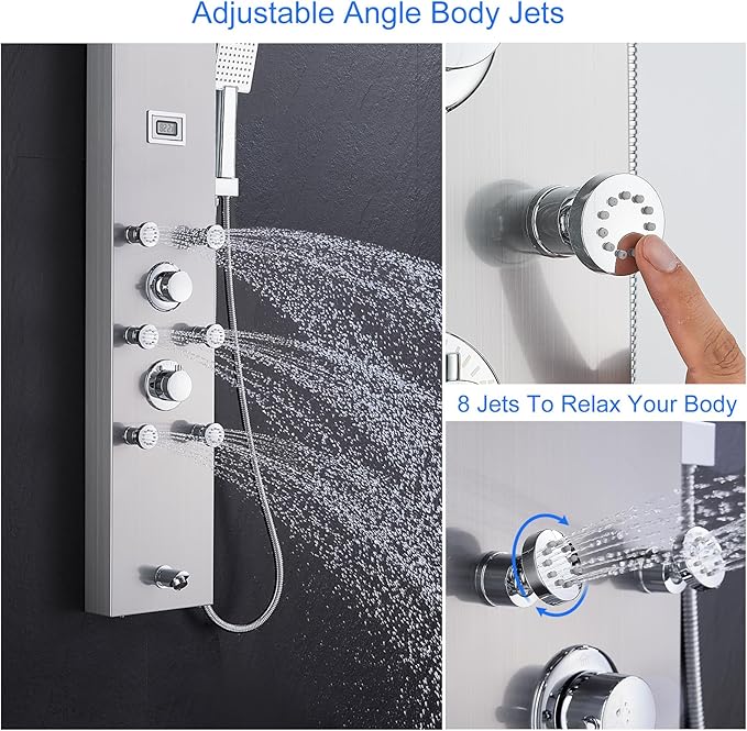 MENATT 304 Stainless Steel Shower Panels System with 6 Body Jets, Shower Tower with Adjustable 9 inch Rainfall Shower Head, Handheld Shower Wand, Brushed Nickel