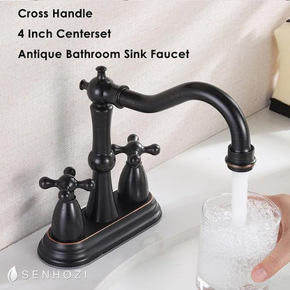Oil Rubbed Bronze Bathroom Faucet 2 Hole, 4 Inch Centerset Antique Bathroom Faucet with Pop Up Drain and Supply Hose, Modern Bathroom Faucet Vanity Faucet, SE-0038-ORB