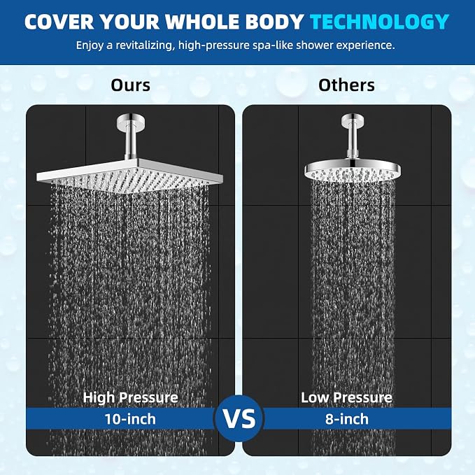 Hibbent cUPC Certified Metal High Pressure 10'' Rain Shower Head, Chrome | Square Large Bathroom Waterfall Thickness Shower Heads, High-flow Fixed Rainfall Showerheads, Adjustable Brass Ball Joint