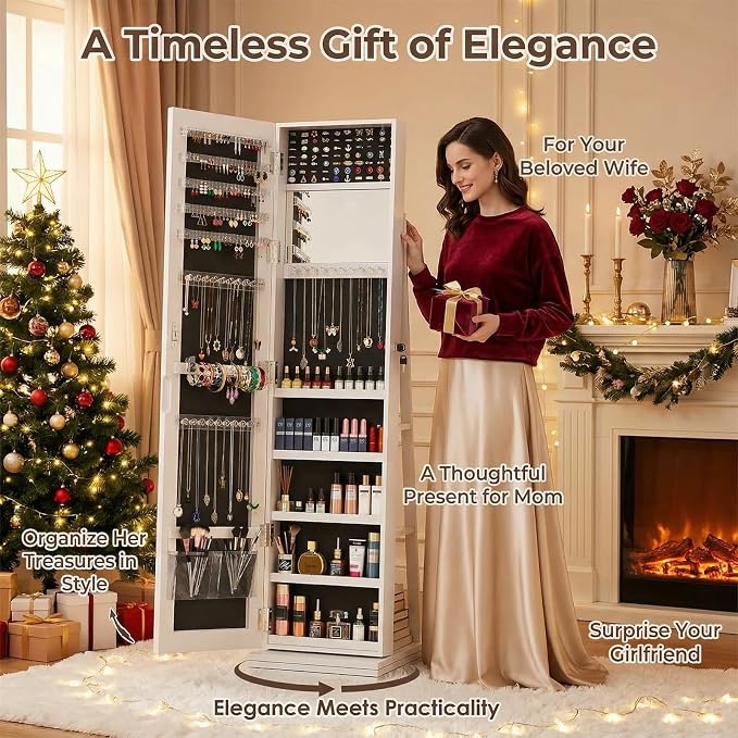 360° Swivel Jewelry Armoire with Full-Length Mirror, Lockable Standing Jewelry Organizer Cabinet with Interior Mirror & Rear Storage Shelves, 65" Floor Mirror Jewelry Storage (White)