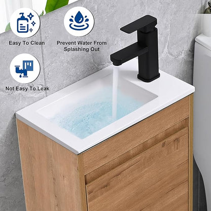 16" Bathroom Vanity Sink Combo for Small Space, Wall Mounted Bathroom Cabinet Set with White Resin Basin Sink Top Black Faucet Pop Up Drain Nature