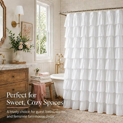 White Ruffle Shower Curtain for Bathroom,72 x 72 Inches, Farmhouse Style | 72" × 72", Brushed Microfiber, 12 buttonholes, Machine washable,12 C-hooks included, Double Layer Fabric, not See Through.