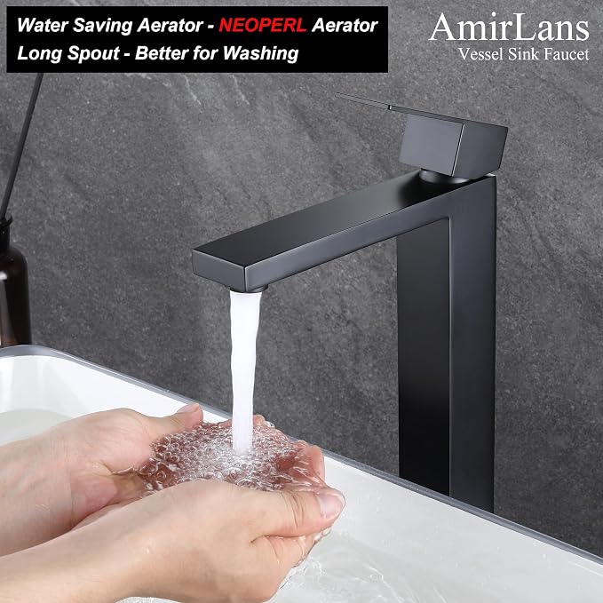 Matte Black Vessel Sink Faucet, Single Hole Tall Bathroom Faucet | Stainless Steel 1 Hole Black Matte Faucet for Bathroom Sink, Tall Vanity Faucet with Pop Up Drain