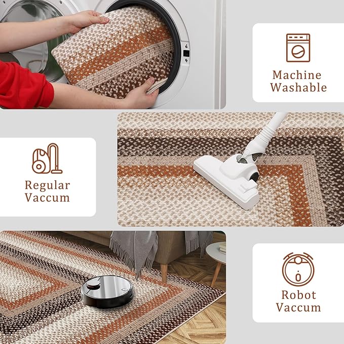 Imitation Braided Collection-Print 3x5 Entryway Rug Washable Bedroom Rugs with Non Slip Rubber Backing, Farmhouse Soft Low Pile Rustic Stain Resistant Accent Rug for Entrance Living Room