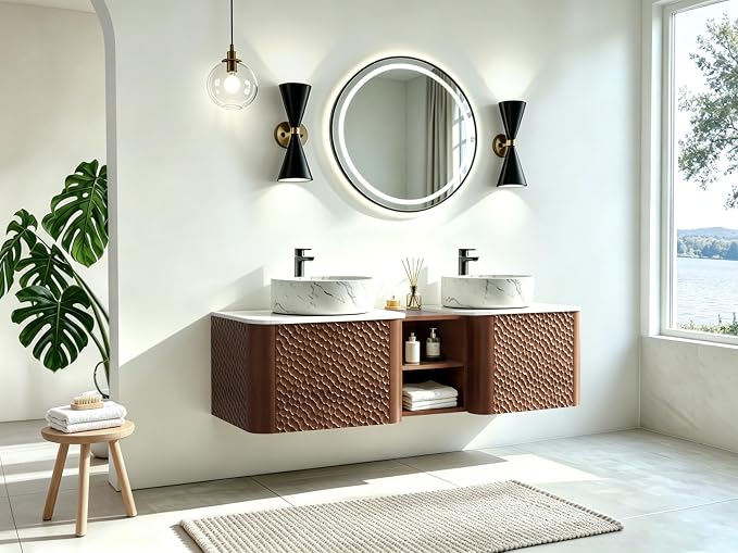 60" Floating Bathroom Vanity with Double Sink, Mid-Century Wall Mounted Bathroom Vanity Cabinet with Wood Waved Decor, Ceramic Vessel Basin, Sintered Stone Top, Soft Close Drawer, Side Open Cube