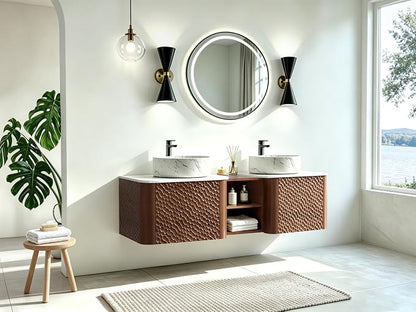 60" Floating Bathroom Vanity with Double Sink, Mid-Century Wall Mounted Bathroom Vanity Cabinet with Wood Waved Decor, Ceramic Vessel Basin, Sintered Stone Top, Soft Close Drawer, Side Open Cube