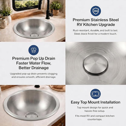LQS 13 x 13 Inch RV Sink, Small Round Stainless Steel Drop-In Bar Sink | Small RV Bathroom Sink for Campers, Compact Camp Sink and Camping Sink with 5.31-Inch Deep Bowl and Drain Assembly