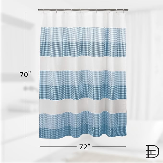Dainty Home Waffle Weave Waterproof Shower Curtains for Bathroom, Blue 70 icnhes, Extra Long Shower Curtain, Waterproof Fabric 12 Roller Ball Hooks