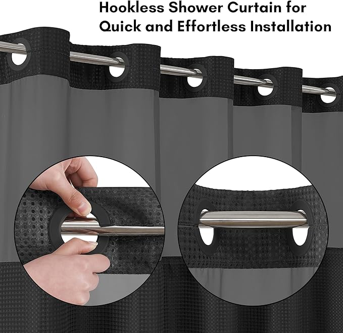 Americanflat 72x75 Hookless Waffle Pattern Shower Curtain - Water-Resistant Long Shower Curtain with Sheer Panel, Snap-in Liner, and Durable Grommets - 100% Polyester - Black