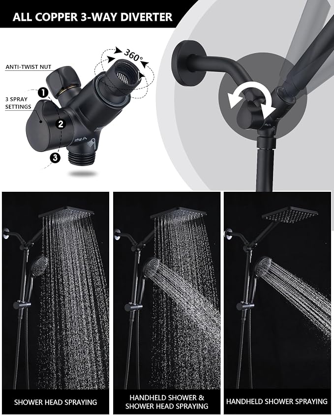 PDPBath High Pressure Rainfall Shower Head with Handheld Combo, Height Adjustable Dual Handheld Shower Head Combo with Slide Bar for Easy Reach, Matte Black
