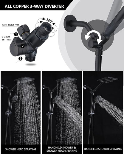 PDPBath High Pressure Rainfall Shower Head with Handheld Combo, Height Adjustable Dual Handheld Shower Head Combo with Slide Bar for Easy Reach, Matte Black