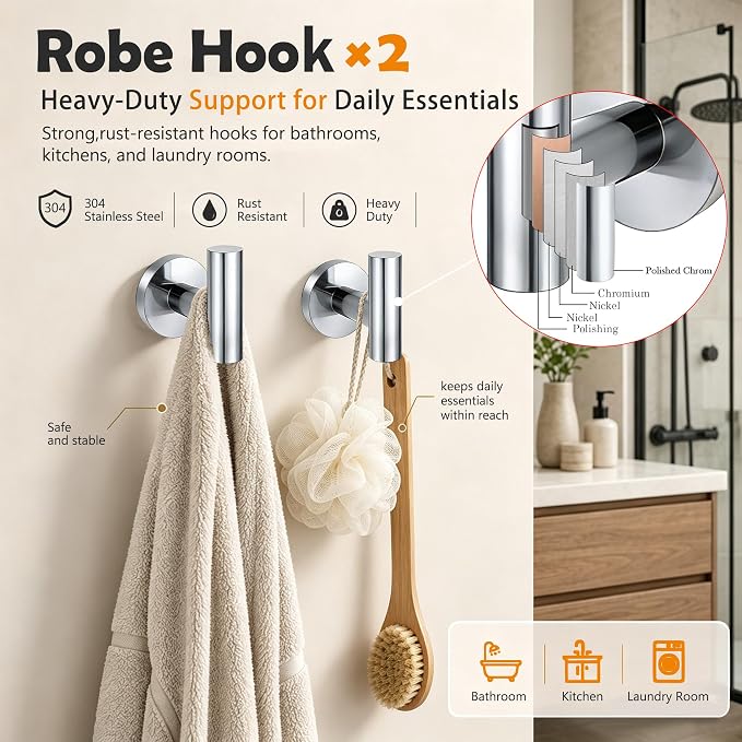5Piece Polished Chrome Bathroom Hardware Accessories Set, 24" Towel Bar Set | Bathroom Towel Rack Set with Wall Mounted SUS304 Stainless Steel , Double Post Toilet Paper Holder, Towel Ring & Robe Hooks