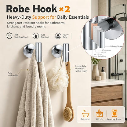 5Piece Polished Chrome Bathroom Hardware Accessories Set, 24" Towel Bar Set | Bathroom Towel Rack Set with Wall Mounted SUS304 Stainless Steel , Double Post Toilet Paper Holder, Towel Ring & Robe Hooks