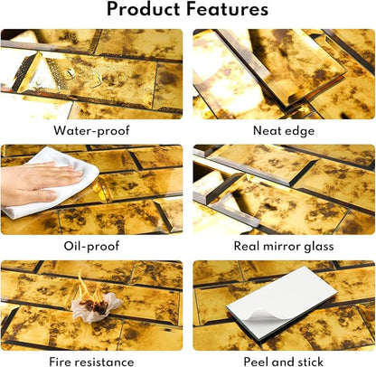 Peel and Stick Beveled Gold Antique Mirror Tile 3x6 Inch 40 Packs | Subway Mirror Glass Backsplash for Kitchen Bathroom Wall