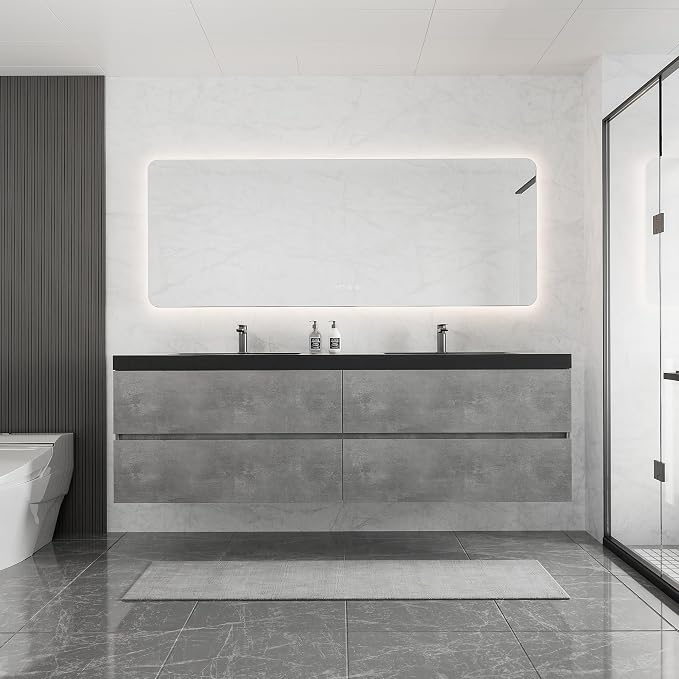 72 Inch Floating Bathroom Vanity with Double Sink, Modern Grey Wall Mounted Floating Vanity with Scratch-Resistant Quartz Sand Basin and 4 Soft Closing Drawers, Pre Assembled Bathroom Vanity