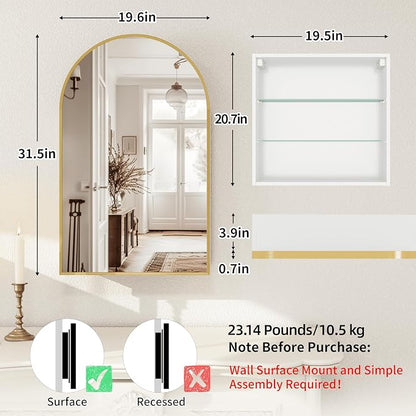 FKWin Medicine Cabinet Mirror, Surface Mount for Small Bathroom, 20x32 Inch | Mirror Medicine Cabinet, Large Storage, Adjustable Shelves, Reversible Door, Space-Saving Design for Small Bathroom, Gold