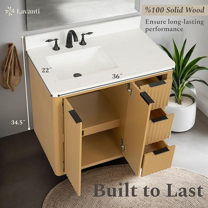 Lavanti Wooderna 36 Inch Bathroom Vanity with Sink – Stylish Firwood Oak Vanity Bathroom with Storage Cabinet – Modern Bathroom Vanities with Single Vanity Sink & Quartz Countertop