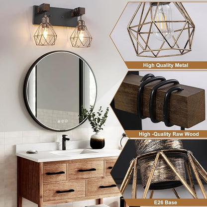 maesta Bathroom Vanity Light, 2 Light Farmhouse Fixture Over Mirror | Farmhouse Bathroom Light Fixtures, Wood & Metal, Black Gold, Anti-Rust Easy to Install for Rustic Bathroom Hallway