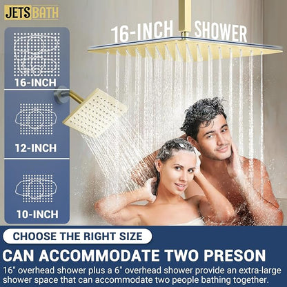 16" Thermostatic Dual Rainfall Head Brushed Gold Shower System | Ceiling Mounted Full Body Shower Faucet Set with Thermostatic Valve for Couples/ 2-Person，16“+6”Shower Head & handheld
