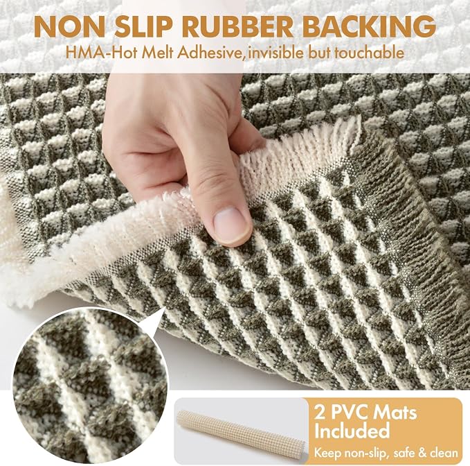 MIULEE Set of 2 Waffle Bathroom Rugs Green&Cream Bath Mat 17"x24"+18"x30" | Non Slip, Super Absorbent, Washable, Ultra Soft, Rubber Backed, Small Boho Bath Rugs for Bathroom Floor Tub Shower
