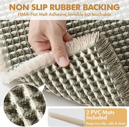 MIULEE Set of 2 Waffle Bathroom Rugs Green&Cream Bath Mat 17"x24"+20"x32" | Non Slip, Super Absorbent, Washable, Ultra Soft, Rubber Backed Bath Rugs for Bathroom Floor Tub Shower, Boho Decor