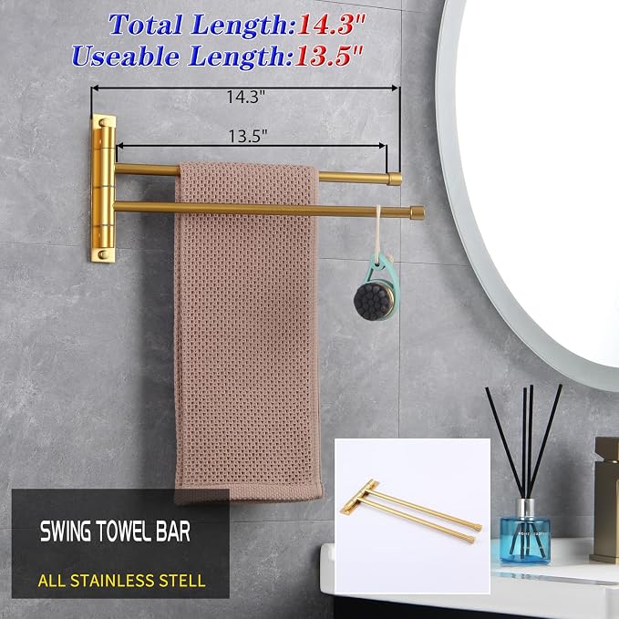 GERZWY Bathroom Swing Arm Towel Bars 2-Arm Wall Mount Stainless Steel Bath Towel Rack Hanger Towel Holder Organizer Gold Finished HYG02-BE