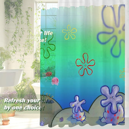 Cute Anime Cartoon Green Ocean Beach Kids Shower Curtain Set 72x78 Inches | Cute Anime Cartoon Green Ocean Beach Print, Gradient Underwater Housewarming Sea Lover Guest Kids Bathroom Decor, With Hooks