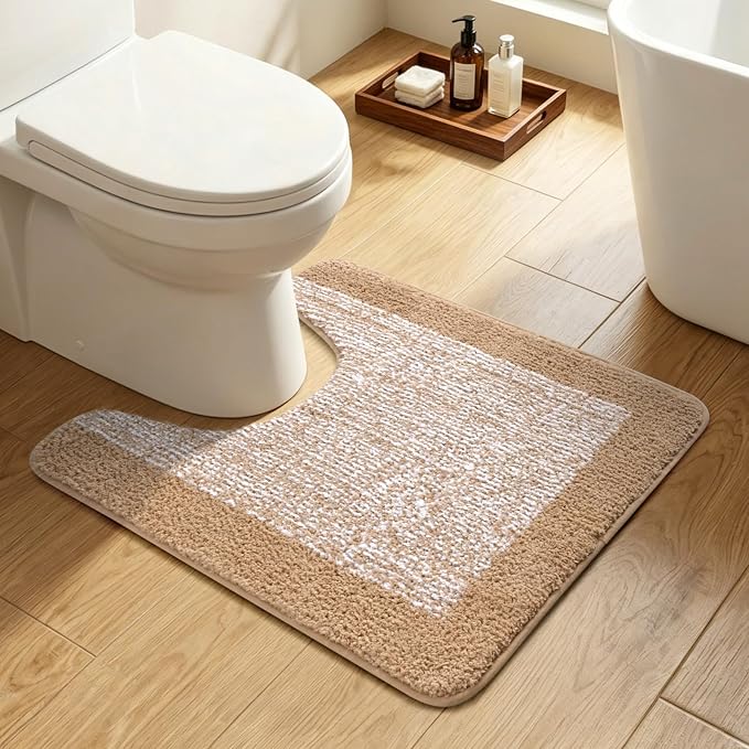Toilet Rugs U-Shaped 24x19, Non-Slip Plush Shaggy Quick Dry Bathroom Contour Rugs, Extra Soft Absorbent Chenille Washable Bath Mat for Toilet Base, Beige
