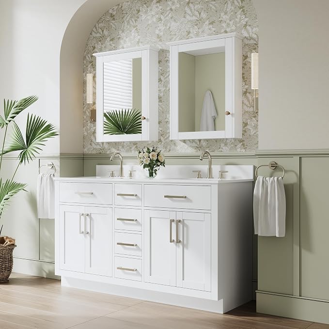60-Inch Bathroom Vanity with Double Sinks W/ 4 Doors & 4 Drawers & 2 Flip Drawers, White Vanity W/Brushed Nickel Handles