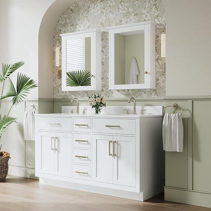 60-Inch Bathroom Vanity with Double Sinks W/ 4 Doors & 4 Drawers & 2 Flip Drawers, White Vanity W/Brushed Nickel Handles