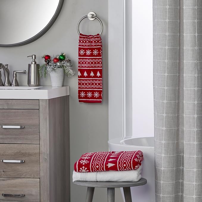 SKL Home Christmas/Winter Fair Isle Bath Towel, 100% Cotton Jacquard, Red | 500 GSM. Soft & absorbent terry with reversible pattern. Great for holiday gifting.