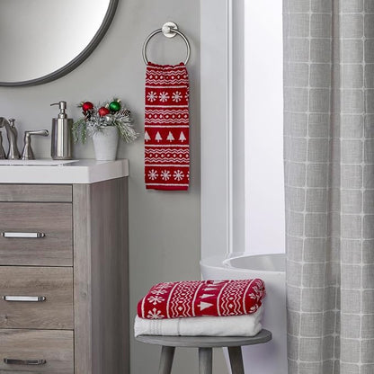 SKL Home Christmas/Winter Fair Isle Bath Towel, 100% Cotton Jacquard, Red | 500 GSM. Soft & absorbent terry with reversible pattern. Great for holiday gifting.