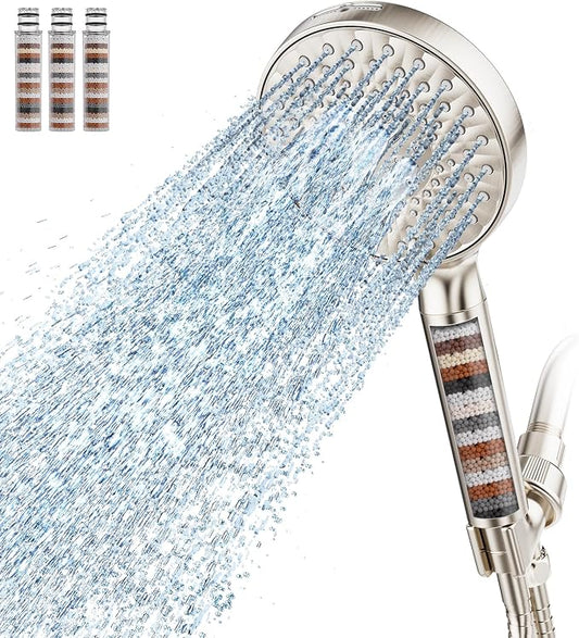 SR SUN RISE Filtered Shower Head with Handheld High Pressure 9 Spray Mode Showerhead Detachable Shower Head Water Softener Filters Beads for Hard Water Remove Chlorine 4 Filters Brushed Nickel