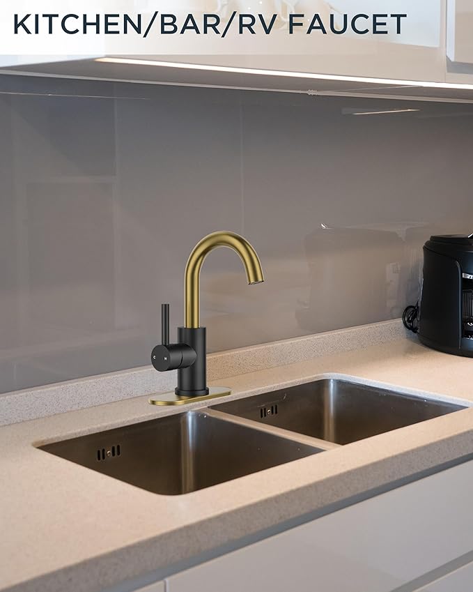FORIOUS Black and Gold Bathroom Sink Faucet 1 or 3 Hole with Metal Pop Up Drain and Hoses, Single Handle Vanity Faucet for Bathroom Vanity Bar Kitchen RV, 360° Swivel High Arc Spout
