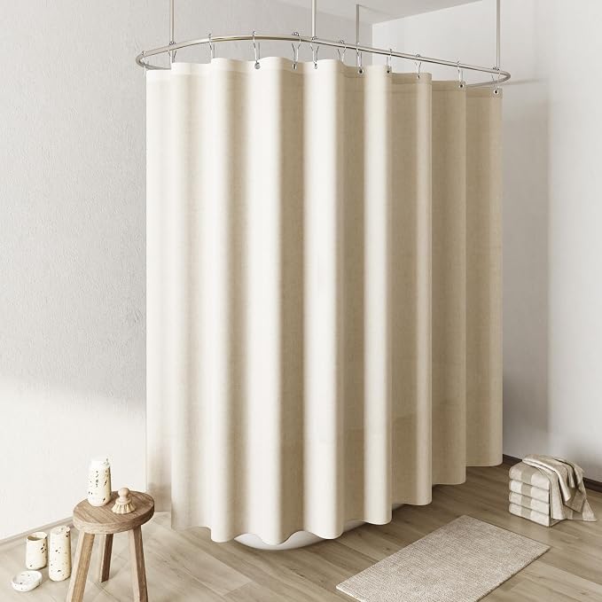 Extra Wide Linen Shower Curtain 108x72 for Clawfoot Tub Country Boho Farmhouse Bath Decor Beige Shower Curtains for Bathroom Neutral Cloth Weighted Textured Fabric Bath Curtain, 108 Inch