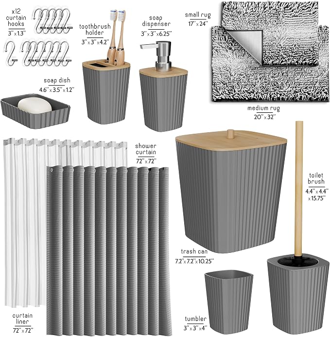 Clara Clark Bathroom Accessories Set - Bathroom Set, Bathroom Sets with Shower Curtain and Rugs, Shower Curtain Set with Bathroom Trash Can - Ombre Grey - 22PC | 22 Piece Ombre Grey Bathroom Accessories Set with Toothbrush Holder, Soap Dispenser, Soap ...