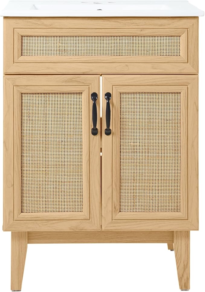 JONATHAN Y Javer Bohemian Rattan Freestanding Bath Vanity, 24", Oak | 18" Deep, 33" High, Double Soft-Close Doors, Caned Paneling, 2-Shelf Storage, Basin Not Included, Modern Farmhouse Style