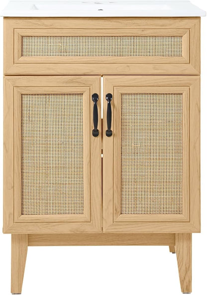 JONATHAN Y Javer Bohemian Rattan Freestanding Bath Vanity, 24", Oak | 18" Deep, 33" High, Double Soft-Close Doors, Caned Paneling, 2-Shelf Storage, Basin Not Included, Modern Farmhouse Style