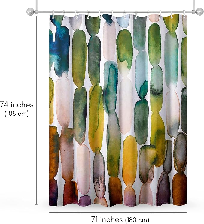 Americanflat 71x74 Oval Pattern Shower Curtain - Water-Resistant Long Shower Curtain with Metal Grommets and 12 Hooks - 100% Polyester - Olive Green, Teal, Yellow, Blush Pink, Plum and Burnt Orange