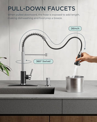 FORIOUS Kitchen Faucet with Pull Down Sprayer, Stainless Steel Commercial Single Handle Classic Spring Pull Out Sink Faucet for Pot Filler, Farmhouse Camper Bar Laundry Room, Black Chrome