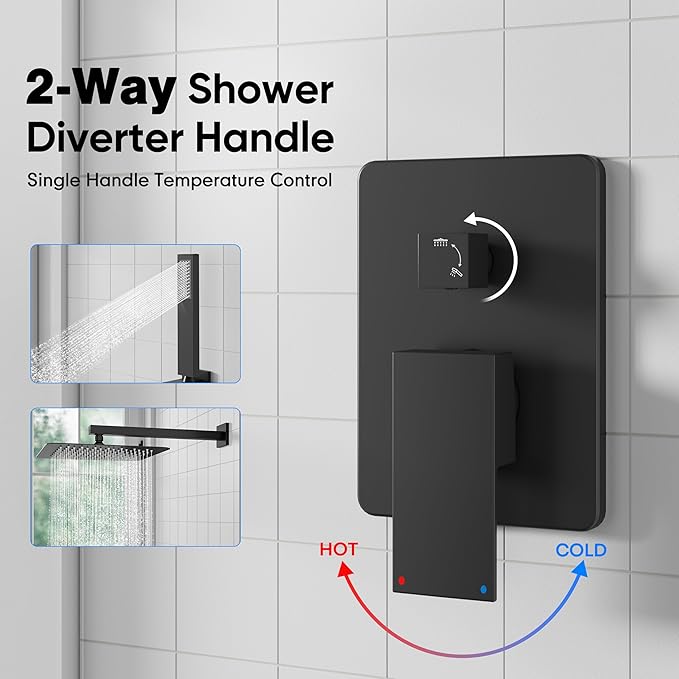 ESNBIA Black Shower Faucet Set, 12 Inches Rainfall Shower System with Rain Shower Head and Handle Set, All Metal Shower Fixtures with Pressure Balance Shower Valve, Matte Black