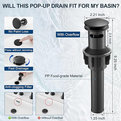 8 Inch Matte Black Bathroom Faucet 3 Hole, Brass Waterfall Bathroom Sink Faucet Widespread 2 Handle with Pop up Drain & Pre-Installed cUPC Supply Lines for Lavatory, 10 Mins Quick Install