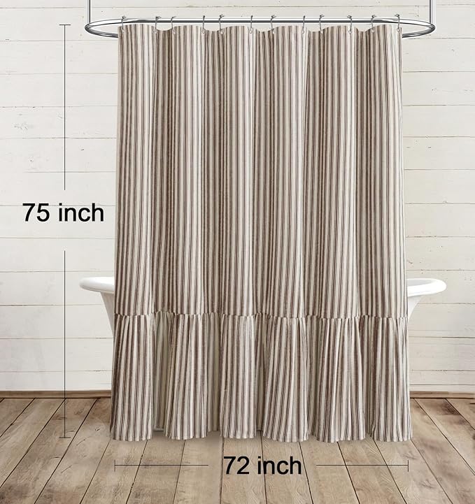 Farmhouse Shower Curtain Ruffle Linen Cream-Brown Stripe 72"W x 75"L | Farmhouse Boho, Striped, Bottom Ruffle, Linen Fabric, Rustic, Country, Natural Look, Washable, for Bathroom Bathtub