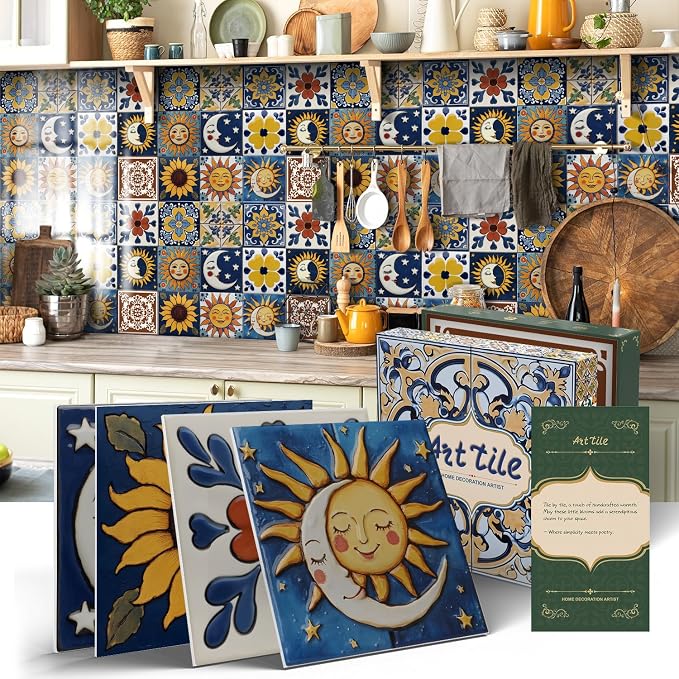 6X6 in Tile Decals Stick on Backsplash for Kitchen Wall,12Pcs | 1.6mm-FOAM+PE Tile Stickers,Sun/Moon Pattern Mexican Tiles for Bathroom,Cabinets,RVs